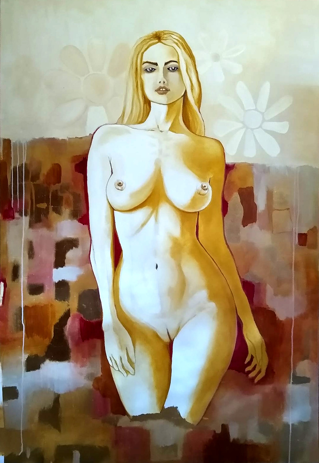 Nude in Yellow Ochre
Acryl, Öl, Schlagmetall auf Leinwand
100 x 150 cm
2024