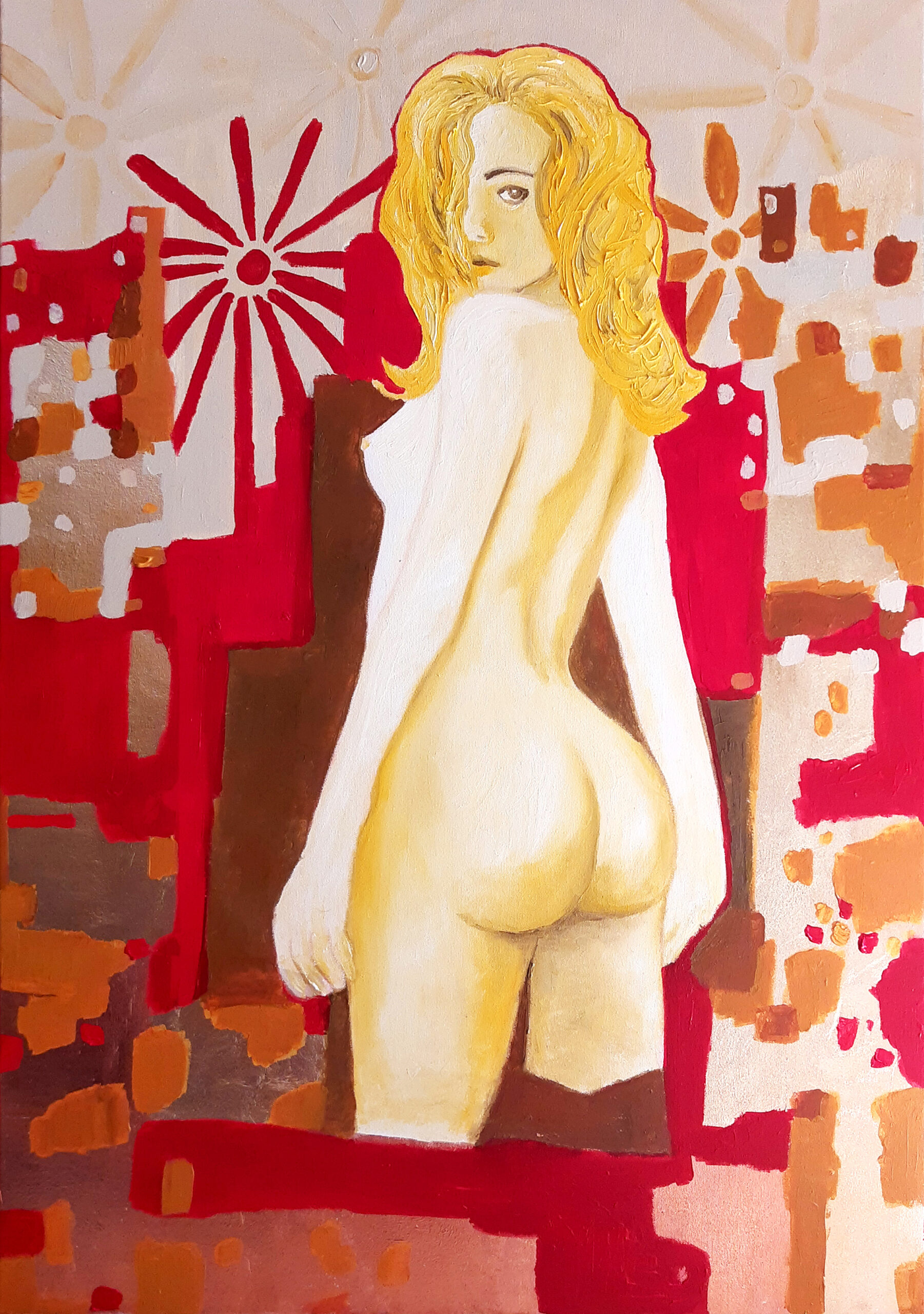 Nude at Red Wallpaper
Acryl, Öl, Schlagmetall auf Leinwand
70 x 100 cm
2025