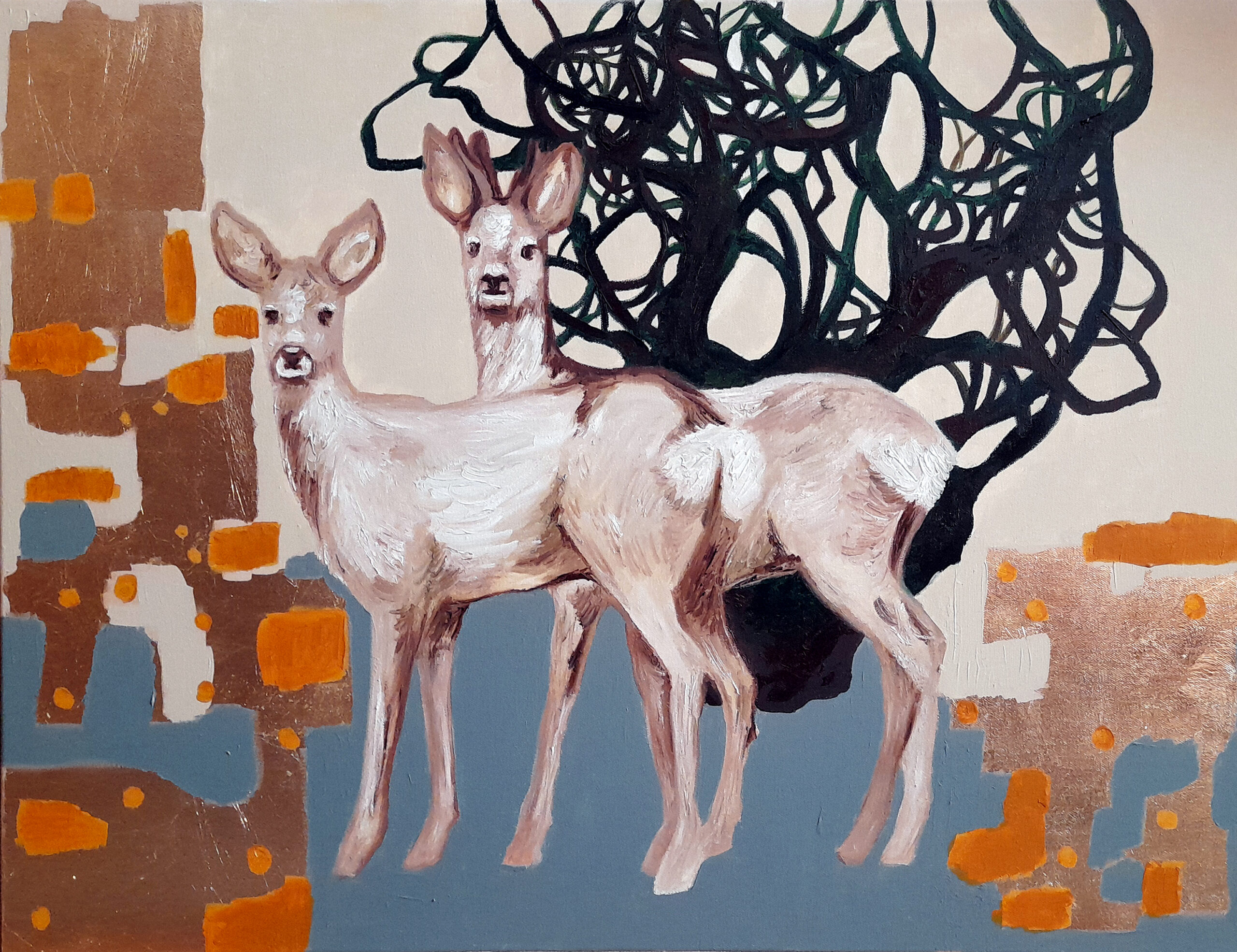Paul und Paula - Deer's Wooden Secret
Acryl, Öl, Schlagmetall auf Leinwand
80 x 60 cm
2025