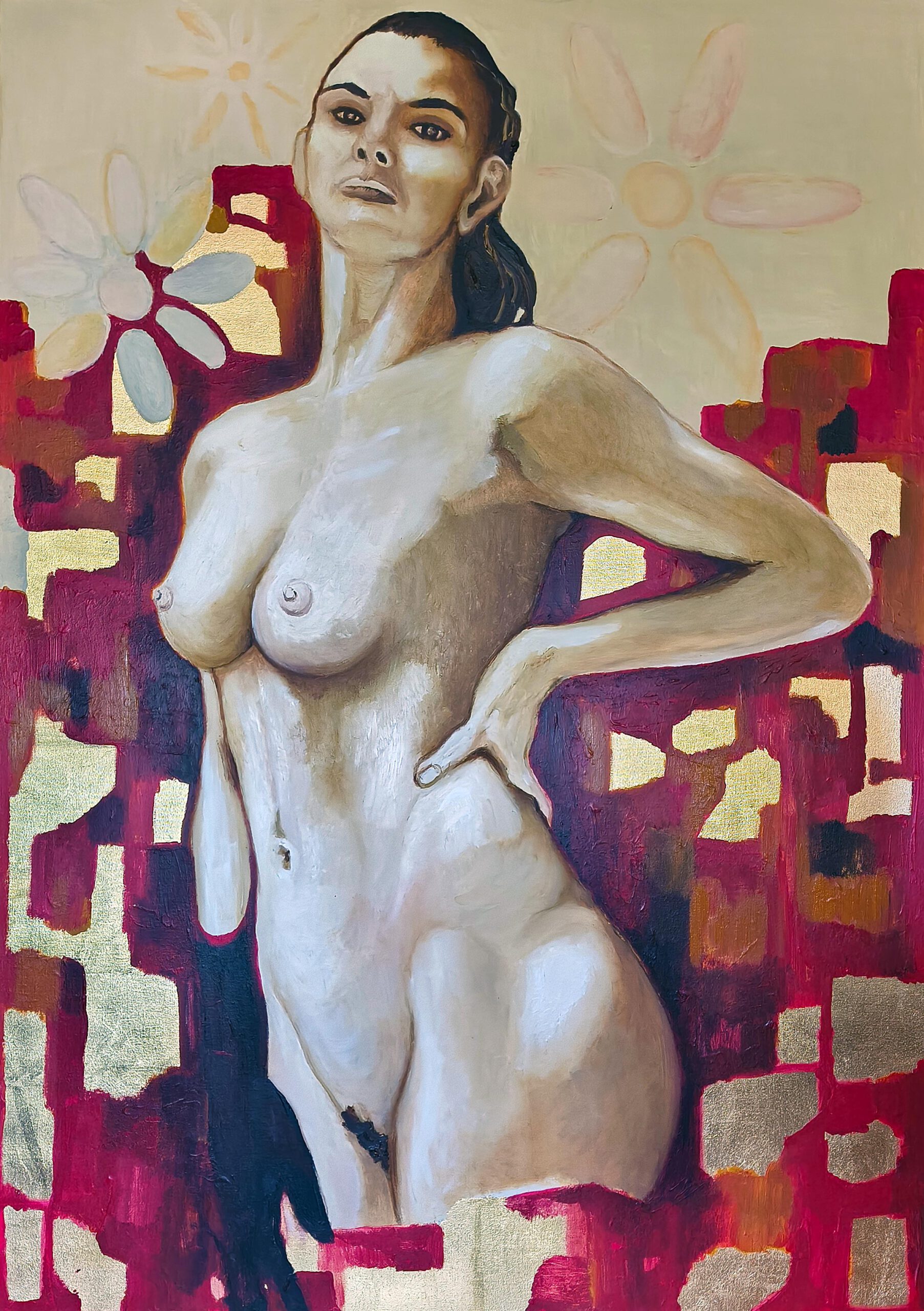 Nude with black (g)lovely
Acryl, Öl, Schlagmetall auf Leinwand
100 x 140 cm
2025